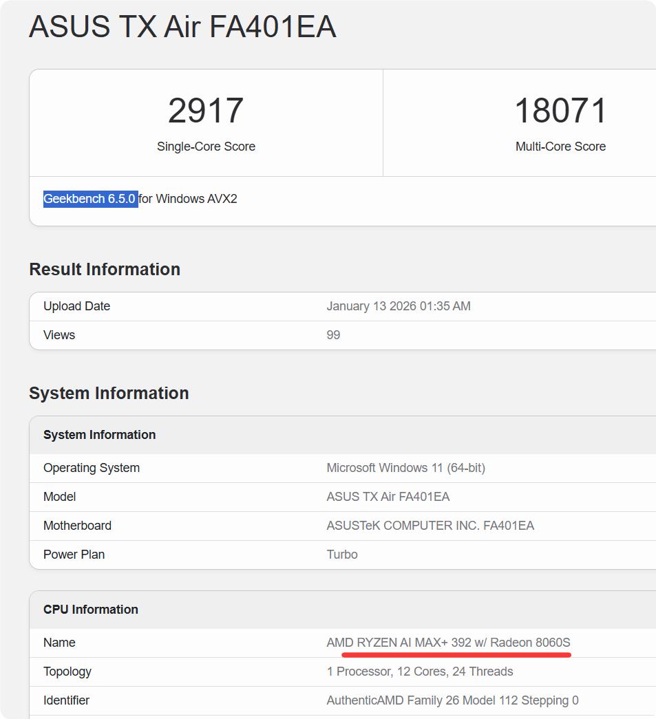 Ryzen AI Max+ 392 Geekbench score_Ryzen AI Max+ 392 performance comparison Ryzen 7 9800X3D_Ryzen AI