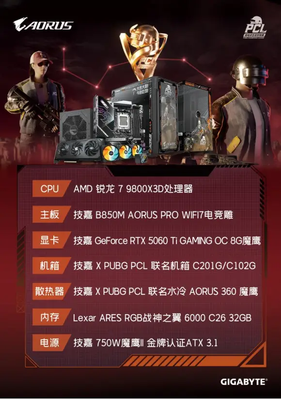 技嘉联名PCL比赛用机硬件解析_9800X3D_PUBG PCL秋季赛技嘉电竞主机配置