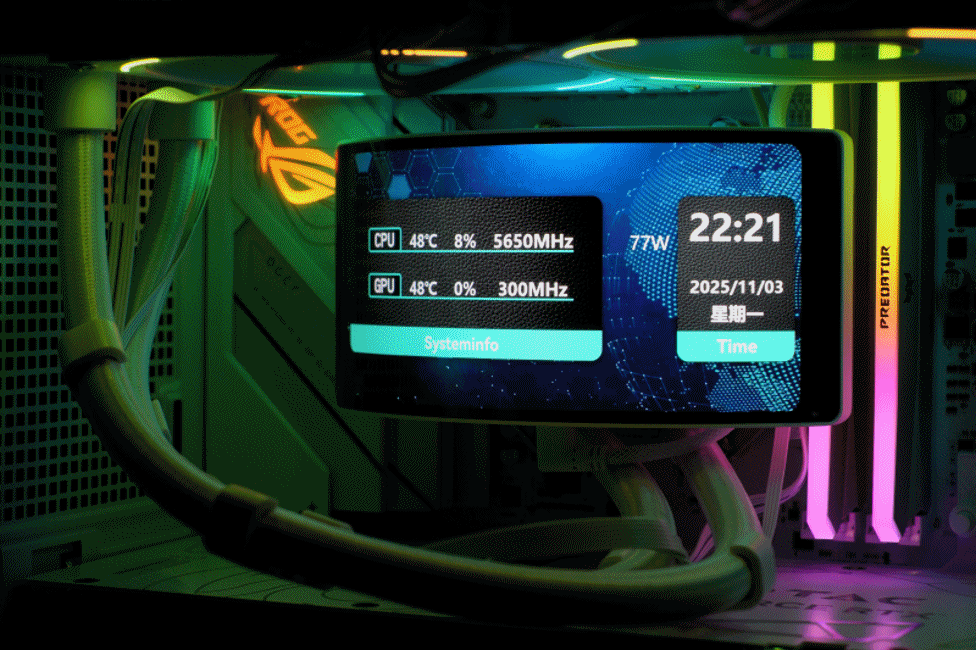 Tt钢影透S-M Pro机箱9950X3DROG B850小吹雪索泰5080装机配置分享_9950X3D_利民彩虹视界TURBO 360白色水冷双屏幕主机评测