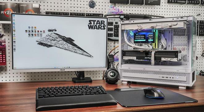 9950X3D_Tt钢影透S-M Pro机箱9950X3DROG B850小吹雪索泰5080装机配置分享_利民彩虹视界TURBO 360白色水冷双屏幕主机评测