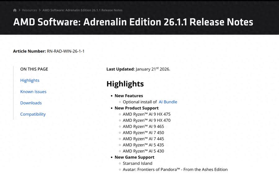 AMD发布26.1.1版本显卡驱动，支持锐龙AI 400系列