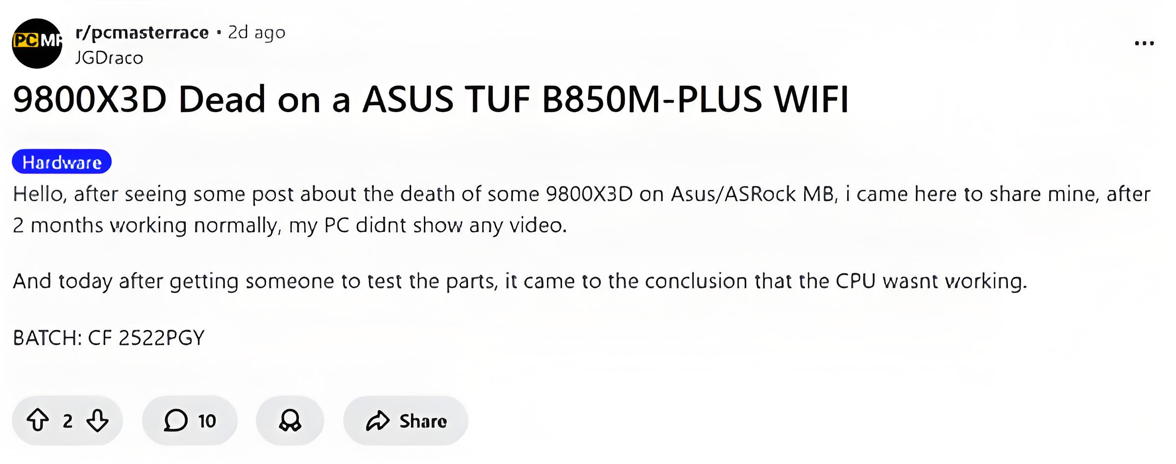 9800X3D_AMD锐龙7 9800X3D烧毁问题_华硕主板00错误代码处理