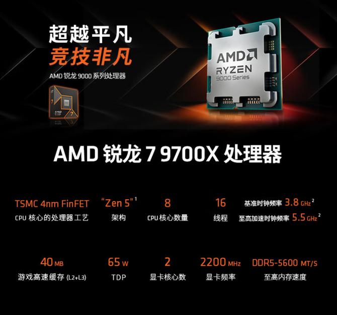 AMD锐龙7 9700X 2000元价位 CPU 性价比_AMD锐龙7 9700X 游戏性能 ZEN5架构_9700X